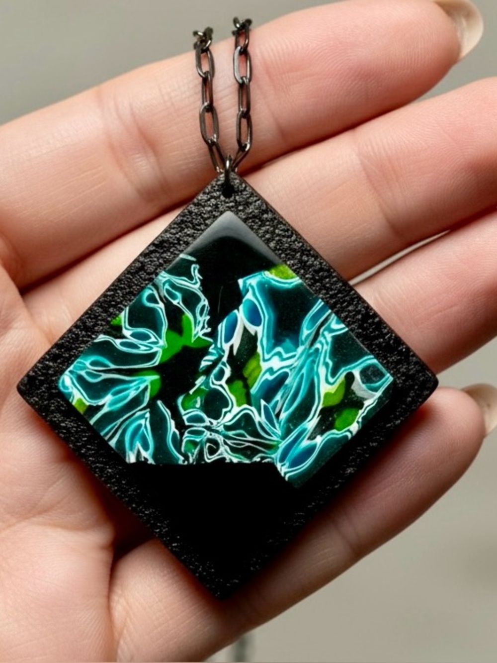 Handmade Blue & Black Abstract Floral Polymer Clay Large Pendant Necklace Chain